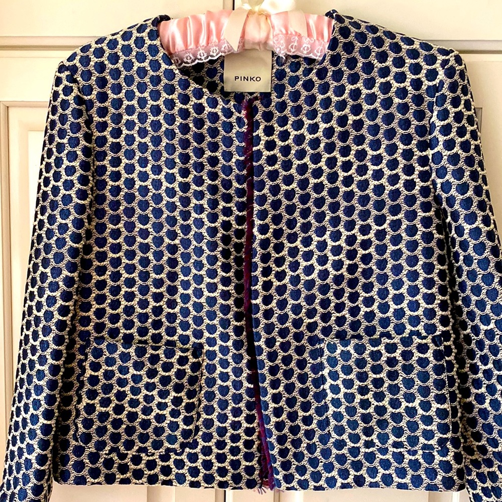 Pinko woven cropped blazer round neck navy blue cream open Front women's 4